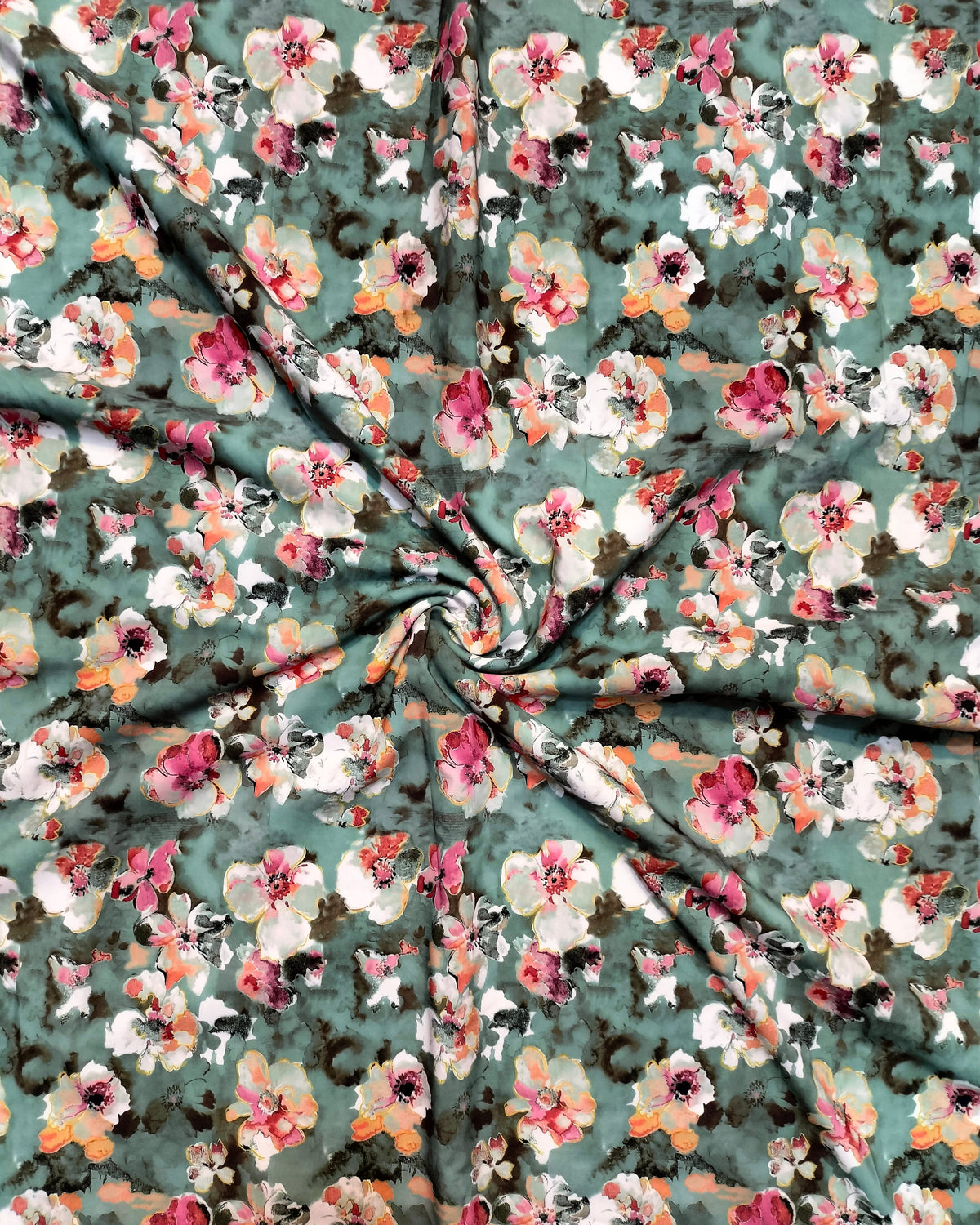 Pastel green blossom BSY fabric showing drape