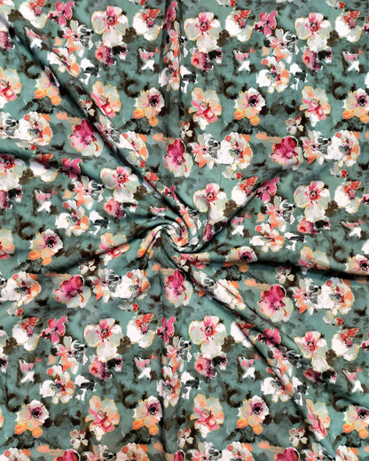 Pastel green blossom BSY fabric showing drape