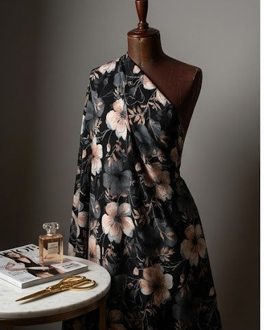 Cream and beige blooms on deep navy BSY dress material, 56 inch width, laid flat