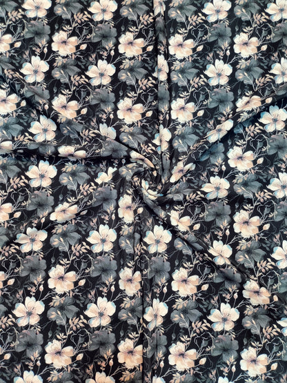 Navy and cream floral BSY dress material folded into a cut piece
