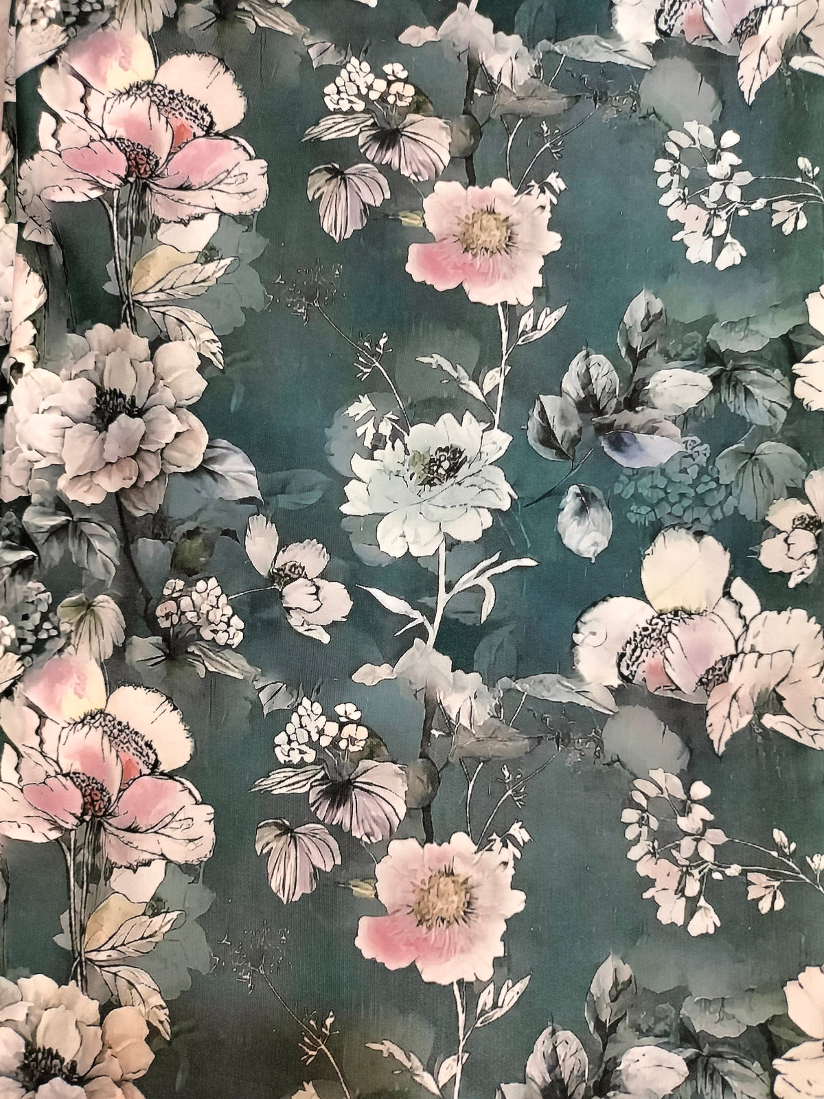 Close detail of the teal and mint floral motif on BSY