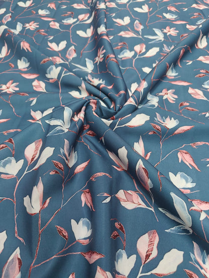 Close detail of the grey floral print on micro crepe