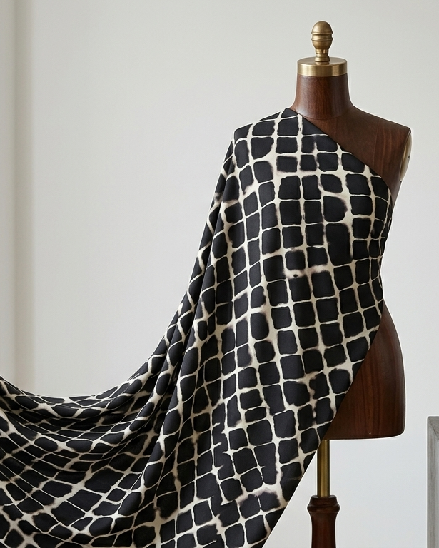 Black and white geometric grid print on micro crepe dress material, laid flat
