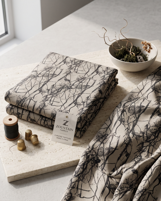 Black branch print on cream moss dress material, 56 inch width, laid flat