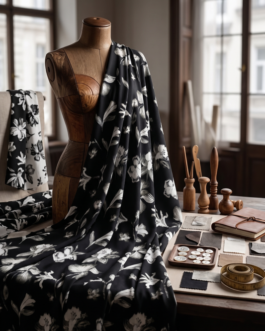White floral print on black micro crepe dress material, 39 inch width, laid flat