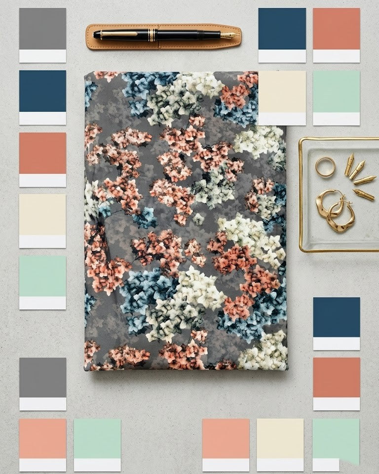 Peach and blue blossom BSY fabric in a styled flat lay