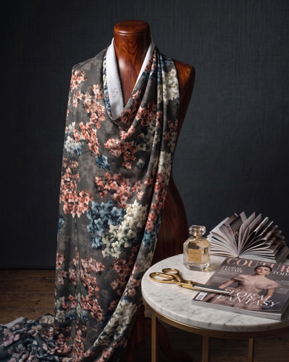 Peach and blue blossom BSY dress material draped on a mannequin