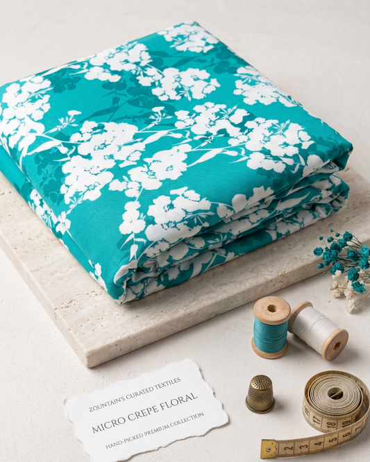 White blossoms on teal blue micro crepe dress material, 39 inch width, laid flat