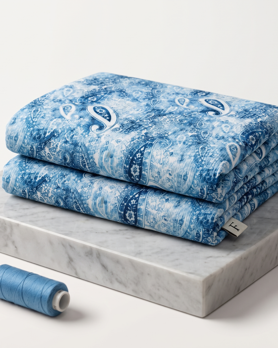 Blue and white floral print on micro crepe dress material, 39 inch width, laid flat