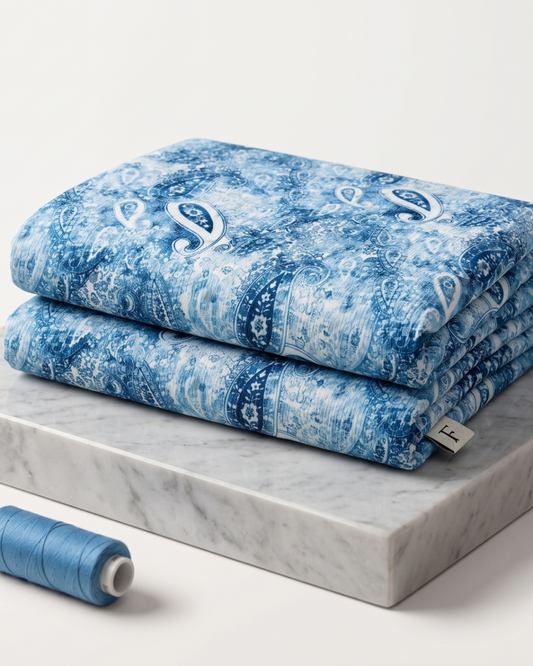 Blue and white floral print on micro crepe dress material, 39 inch width, laid flat