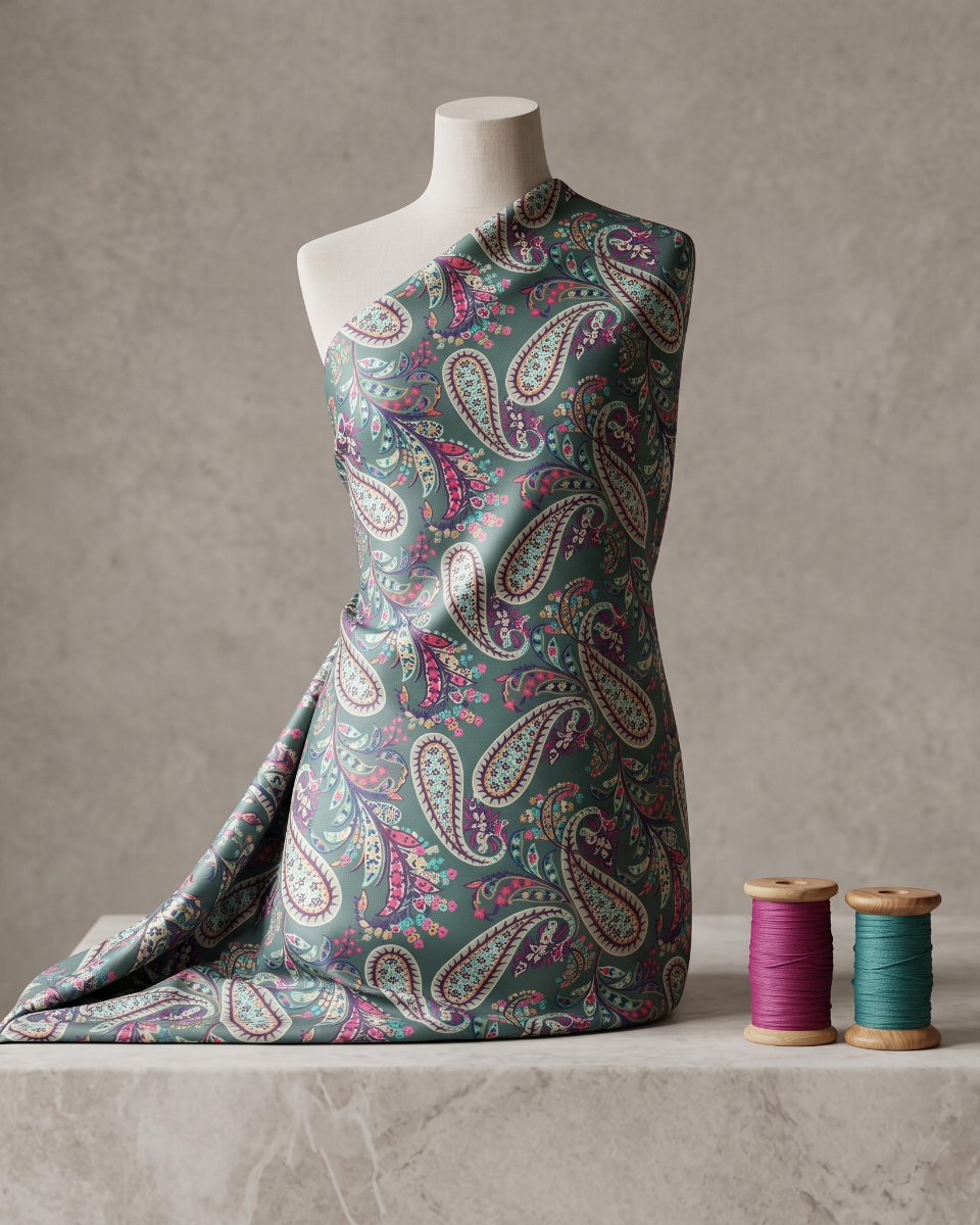 Teal paisley print on moss dress material, 56 inch width, laid flat