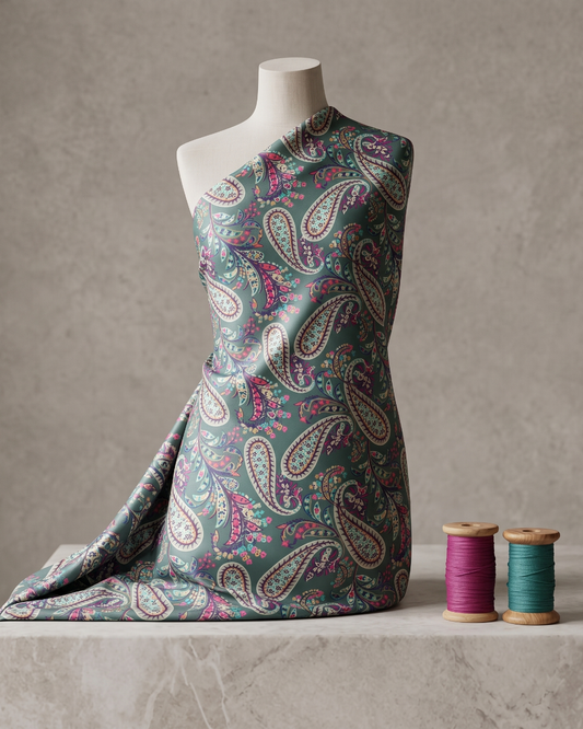 Teal paisley print on moss dress material, 56 inch width, laid flat