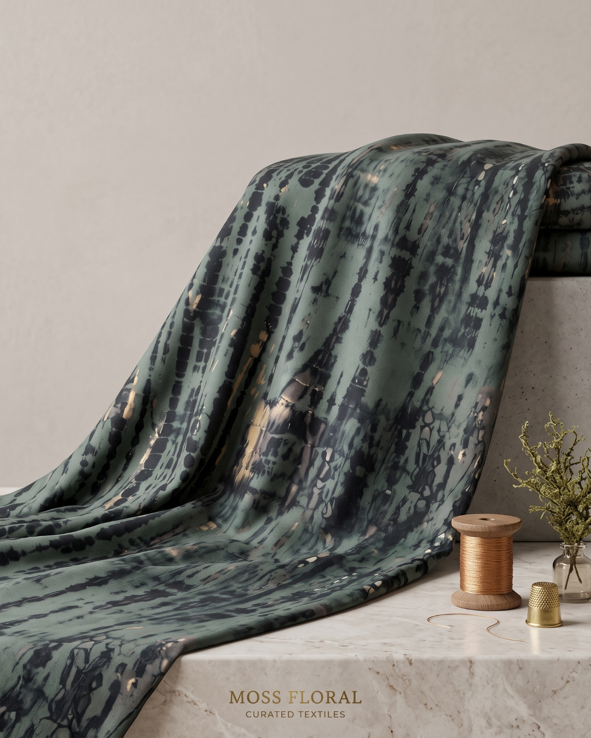 Teal and black shibori style print on moss dress material, 56 inch width, laid flat