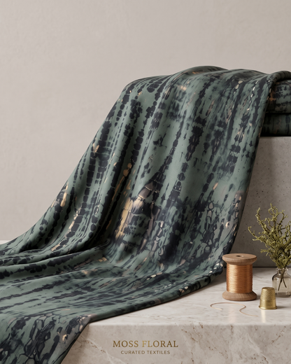 Teal and black shibori style print on moss dress material, 56 inch width, laid flat