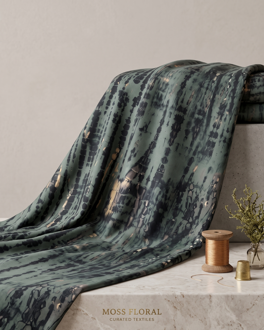 Teal and black shibori style print on moss dress material, 56 inch width, laid flat