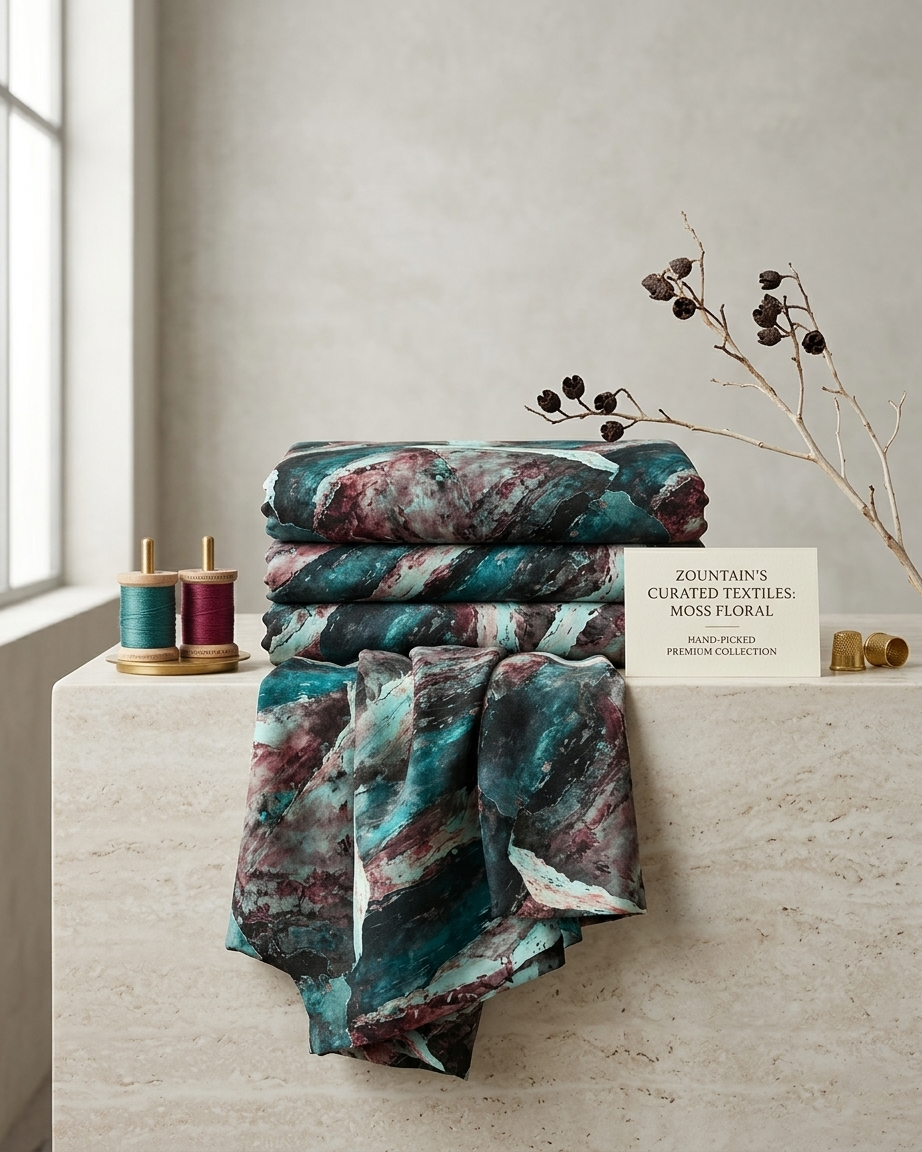 Teal, pink and charcoal abstract marble print on micro crepe, 39 inch width, laid flat