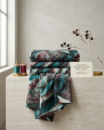 Teal, pink and charcoal abstract marble print on micro crepe, 39 inch width, laid flat