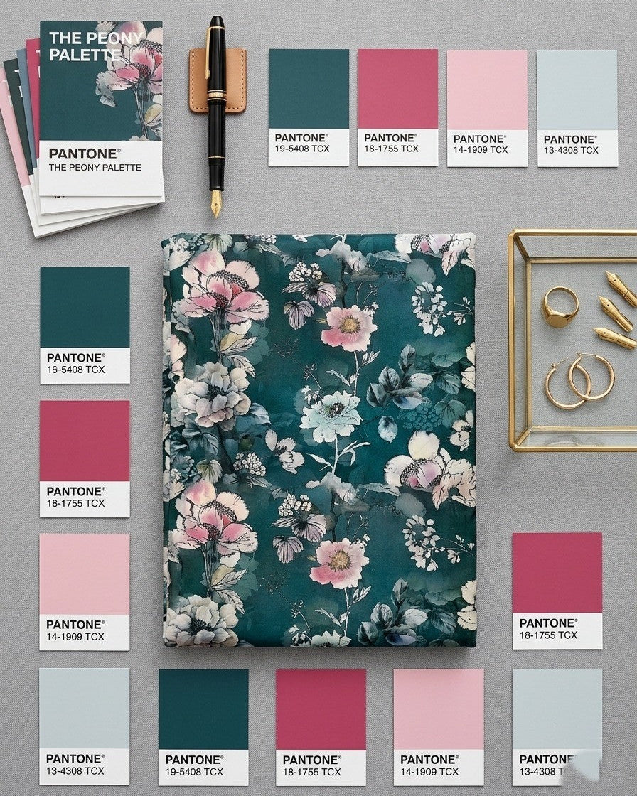 Teal floral BSY fabric swatch in close up