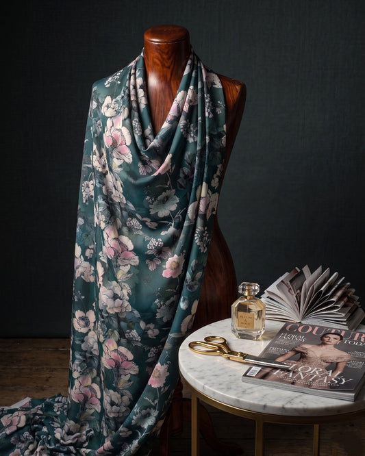 Teal and mint floral print on BSY dress material, 56 inch width, laid flat