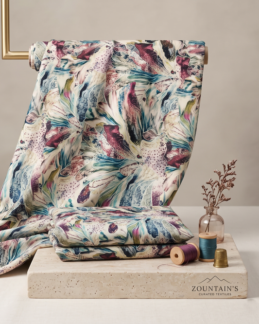 Multicolour marble abstract print on moss dress material, 56 inch width, laid flat