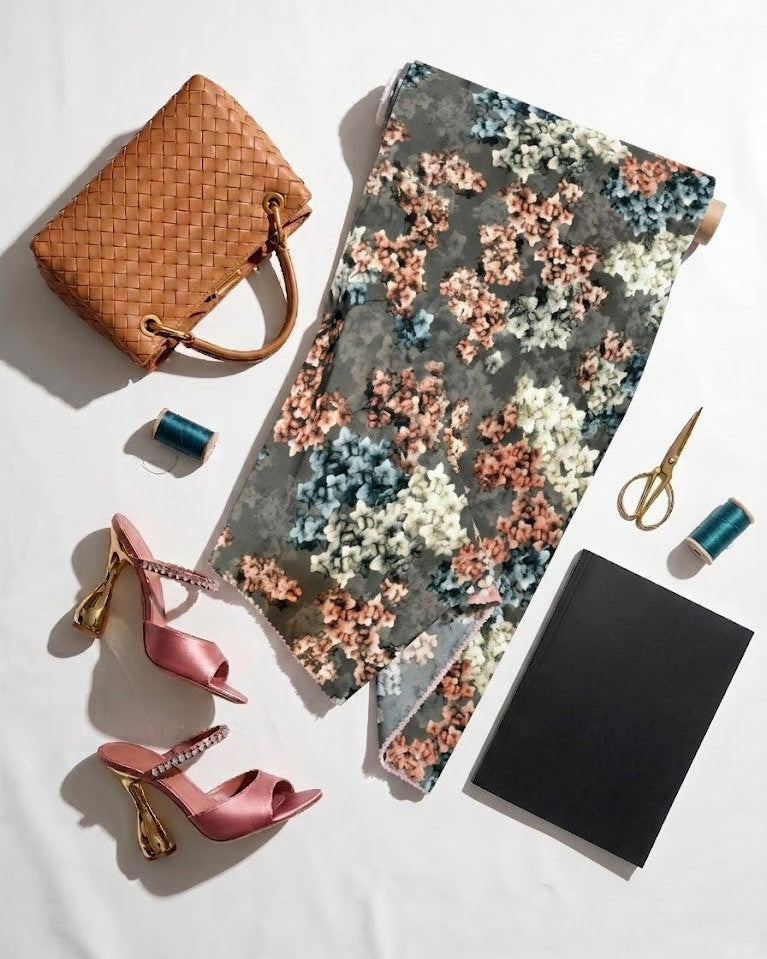 Peach and blue blossom print on BSY, 56 inch width, laid flat