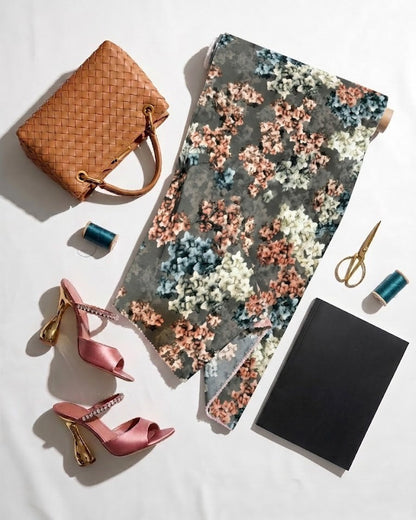 Peach and blue blossom print on BSY, 56 inch width, laid flat